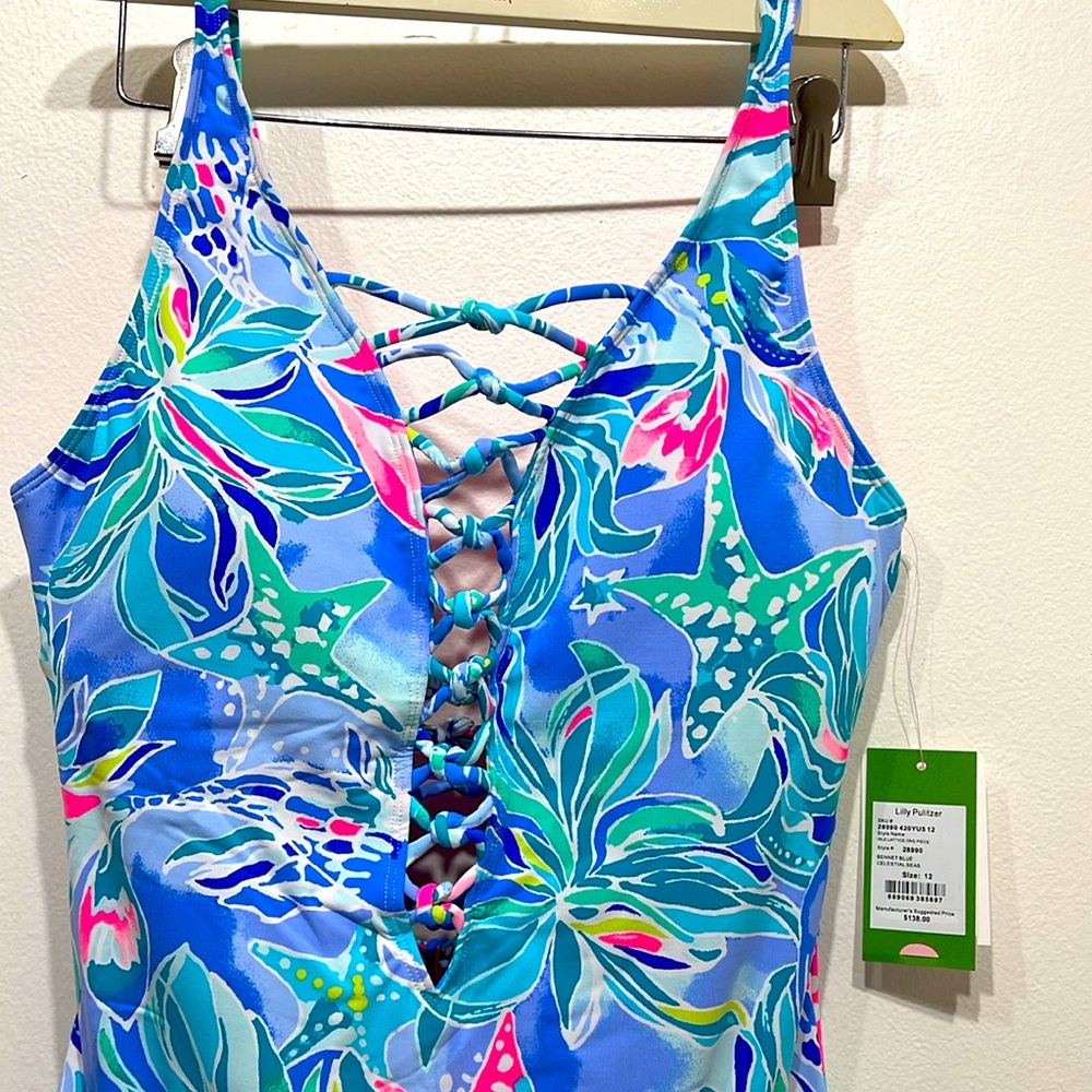 NWT Lilly Pulitzer🌷bathing suit : Isle lattice Bennett blue celestial Seas